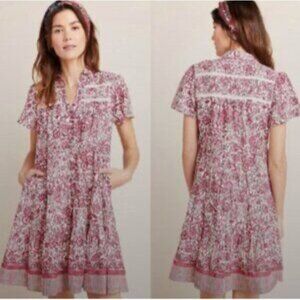 By Anthropologie Dress S Small Red Cream Country Floral Cotton Washable Summer